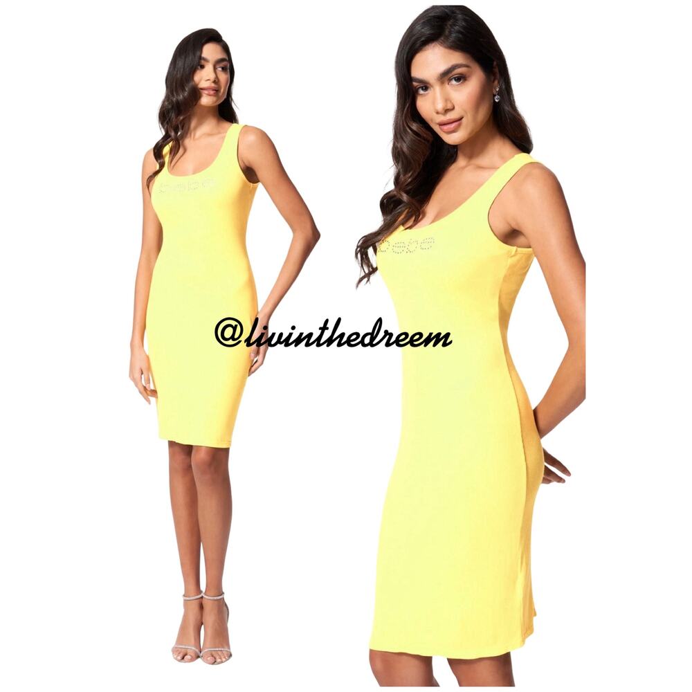 NWOT bebe Yellow Ribbed Knot Rhinestone Logo Dress SZ Small